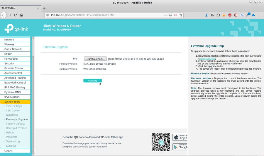 Bild: Original Web-GUI zur Verwaltung eines TP-Link-Routers nach erfolgreicher Anmeldung