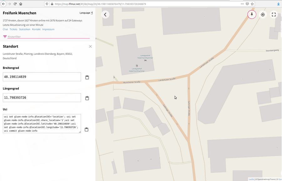 Bild: Kartenausschnitt der Freifunk München Karte zur Ermittlung der Geo-Koordinaten