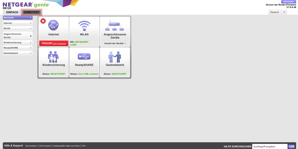 Bild: Screenshoot der WEB-UI der Routerkonfiguration Netgear 6120 