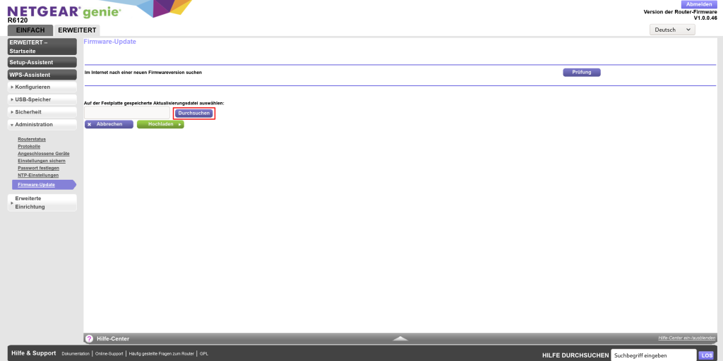 Bild: Screenshoot der WEB-UI der Routerkonfiguration Netgear 6120 