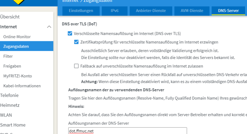 DoT-Einstellungen in FritzBox 